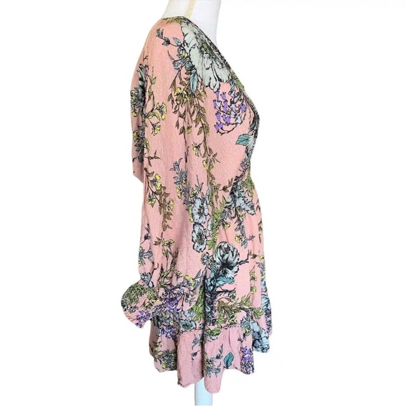 LOVE STITCH WOMENS DRESS TOP PINK FLORAL MEDIUM RUFFLE HEM LONG SLIT SLEEVE - Picture 4 of 8